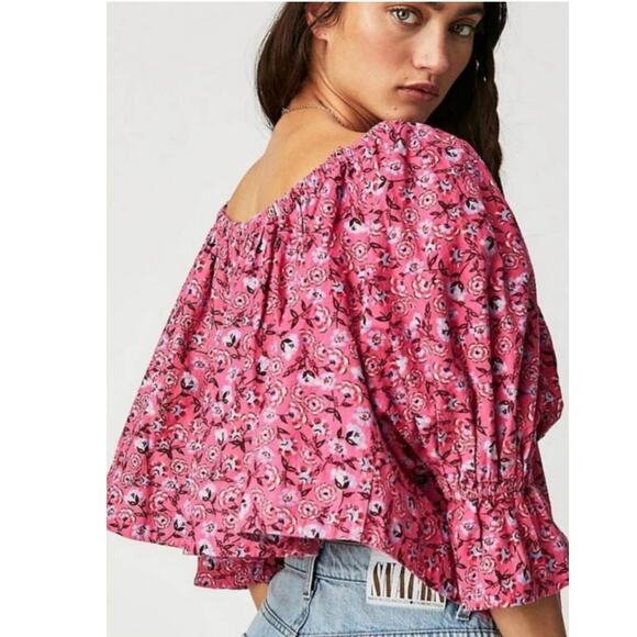 NWT Free People James Smock Top Boho $128 SMALL Pink Floral Smock Style Cropped - Picture 3 of 4